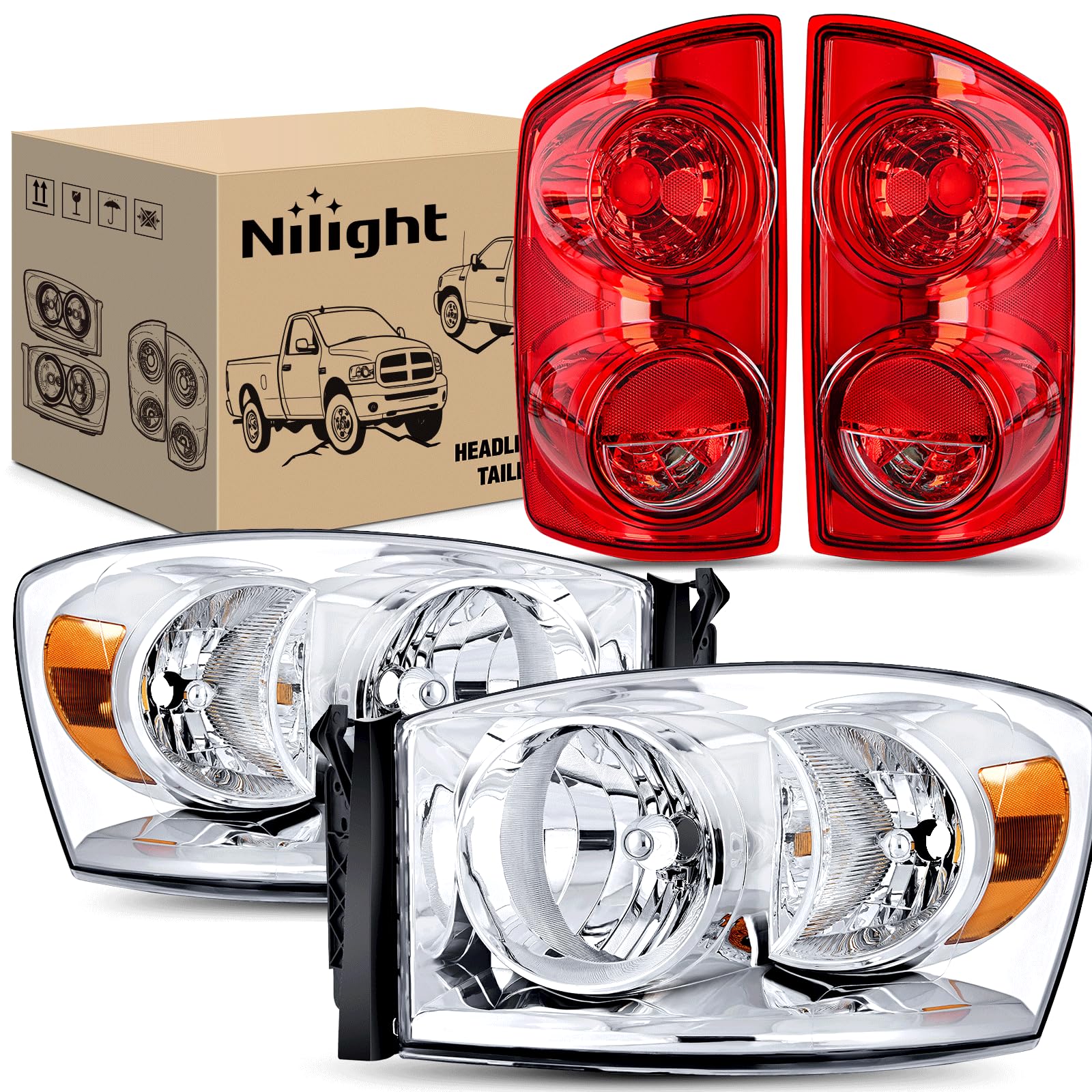 Nilight Headlight and Taillight Combo for 2007 2008 2009 Dodge Ram