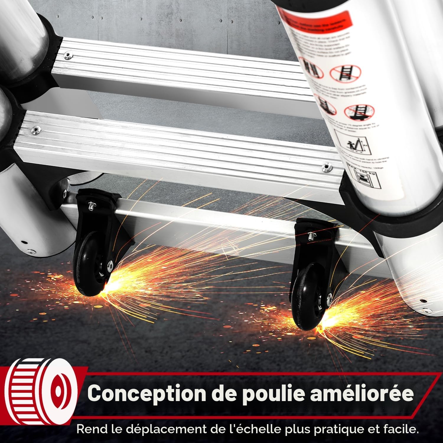 Fiqops Échelle télescopique Pliante en Aluminium - 5 m - avec Doubles roulettes Amovibles - Charge maximale 150 kg - Multifonction - Antidérapante - Argenté