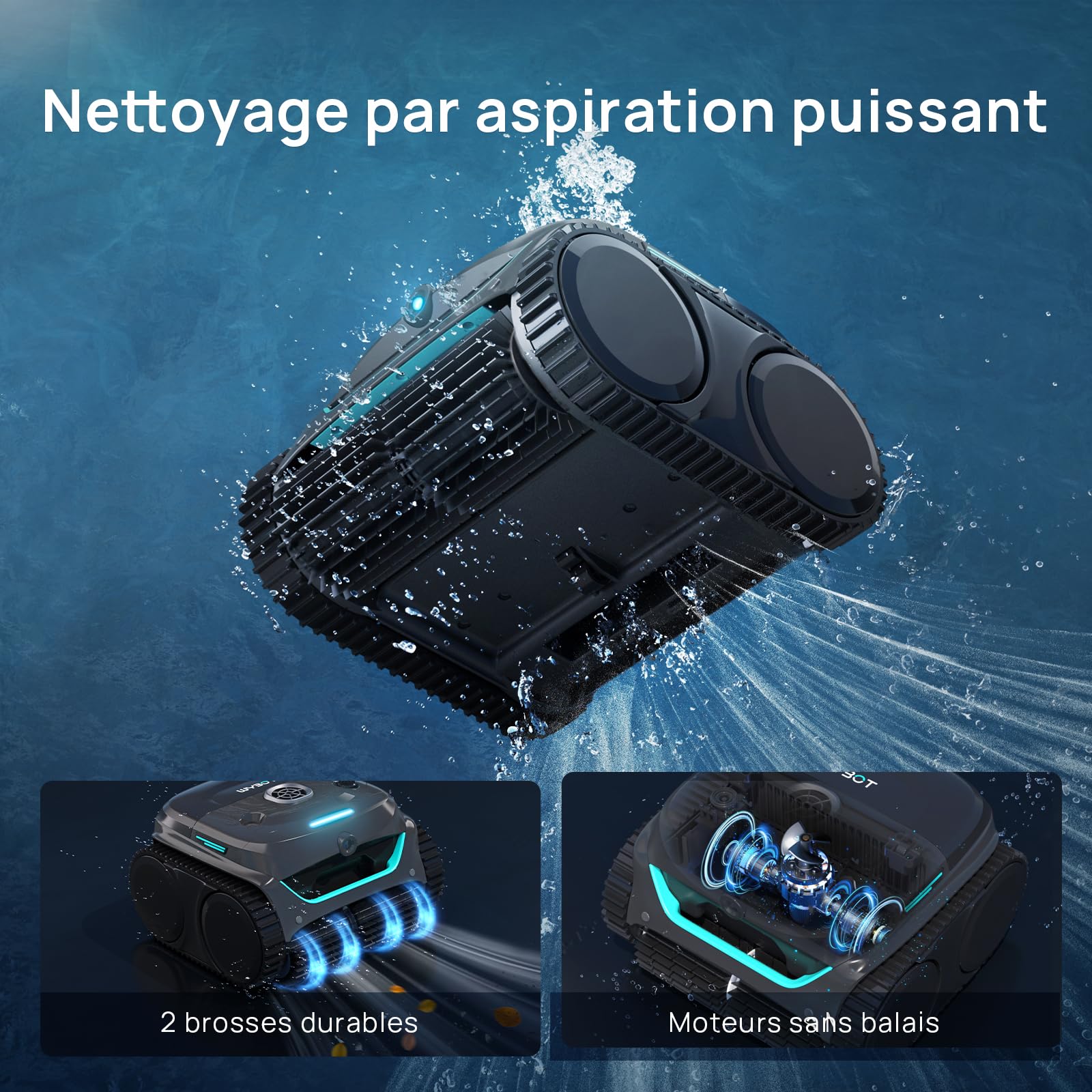 WYBOT (Nouveau Modèle) Robot Piscine sans Fil C2 Vision-A avec caméra IA, Filtration Ultra-Fine, Forte Aspiration, Nettoyage Fond/parois & Ligne d’Eau, Navigation Intelligente – Bleu-Vert Gris