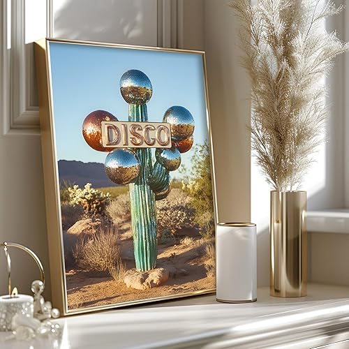 Miniatura 2 de Arte de pared de bola de discoteca de los años 70, diseño vintage de cactus del desierto, impresiones de paisaje retro de bola de discoteca, póster