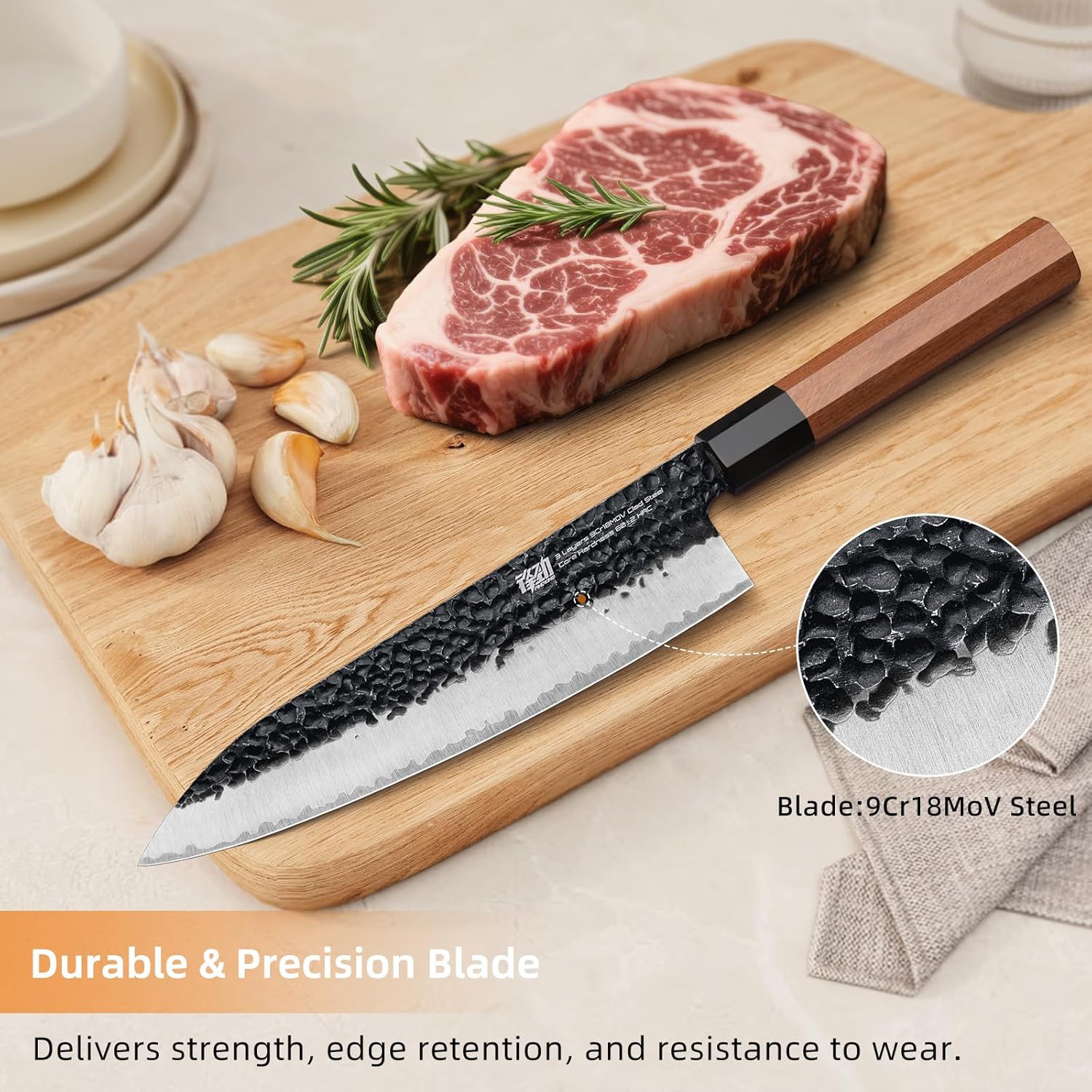 FINDKING Dynasty Series Japanese Chef Knife, Professional Kitchen Knife, 9Cr18MoV High Carbon Steel Blade, African Rosewood Octagonal Handle, Sharp, for Meat Cutting, 8 Inches