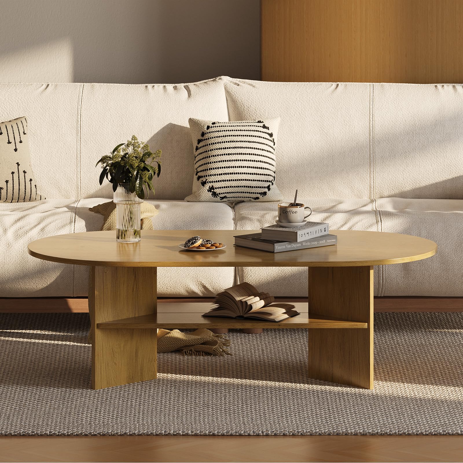 YOUDENOVA Stolik kawowy, owalny stolik pomocniczy, drewniany, nowoczesny stolik do salonu, stolik kawowy, mały stolik do salonu, naturalny dąb, 120 x 60 x 40 cm