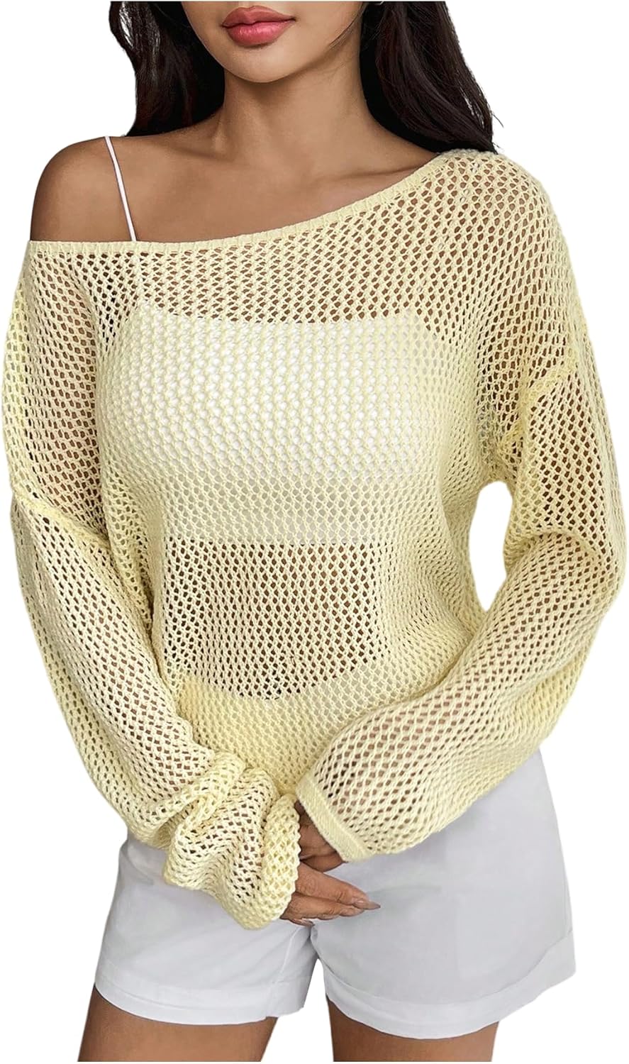 MakeMeChic Women's Crochet Cover Up Asymmetrical Long Sleeve Knit Crop Tops