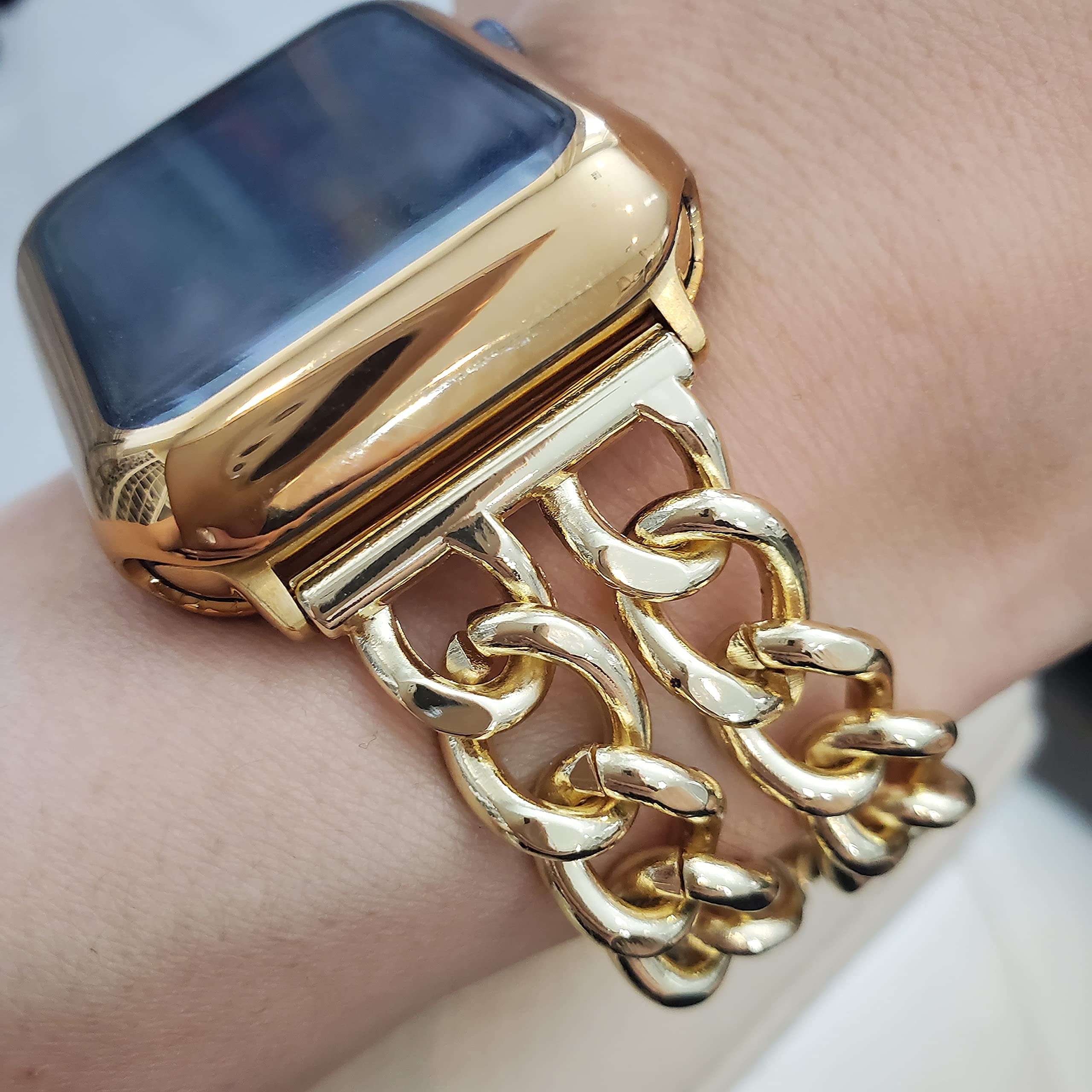 DSAAplus Compatible With Apple Watch Band 38mm 40mm 41mm 42mm 44mm 45mm 46mm 49mm,Stainless Steel Metal Gold Chain Cowboy Style Replacement iWatch Series1/2/3/4/5/6/7/8/9/10/SE/Ultra Strap Wristband