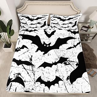Erosebridal Bats Halloween Decoration BedÂ Sheets Black and White BeddingÂ Set Gothic Spooky FittedÂ Sheet Twin,Vintage Dark Shadows Toddler Sheets for Kids Girls Women,Spider Webs Halloween Decorations