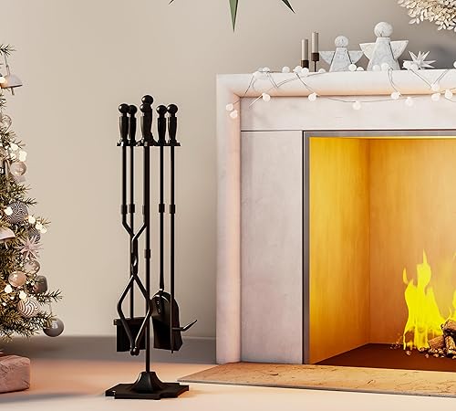 Miniatura 2 de Fire Beauty Herramientas para chimenea, juego de 5 piezas de accesorios para fuego, soporte para estufa de leña, mango de hierro forjado, soporte