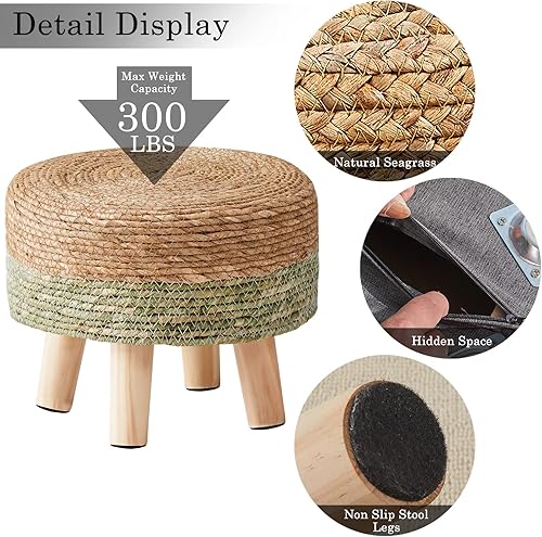 Miniatura 4 de Cpintltr Reposapiés otomano natural de algas marinas, tejido a mano, taburete redondo para sofá, escritorio, reposapiés acolchado con patas de pino