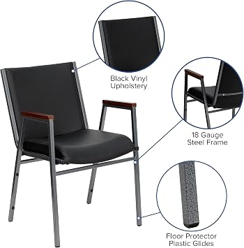 Flash Furniture HERCULES Series Heavy Duty Black Vinyl Stack Chair with Arms and Ganging Bracket