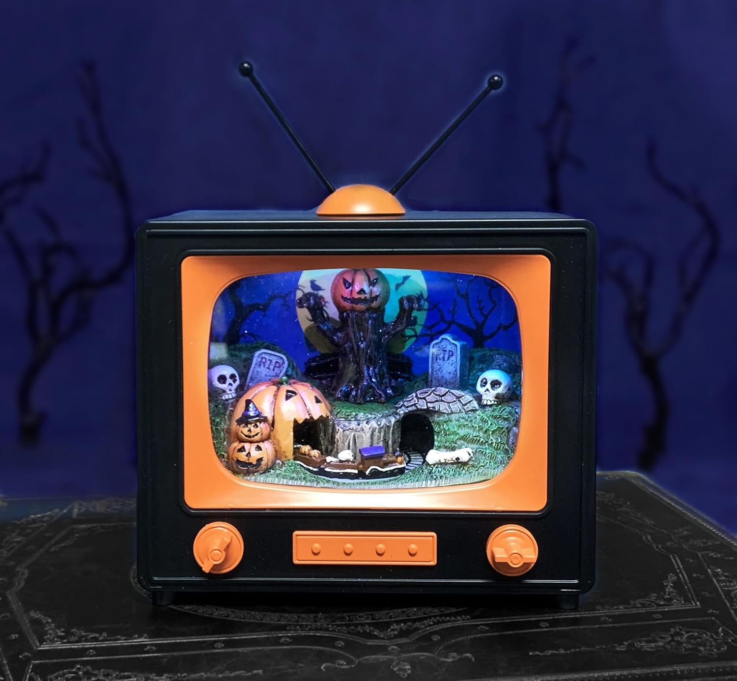 Halloween Spooky Graveyard Scene LED Lighted Musical TV with Animated Train