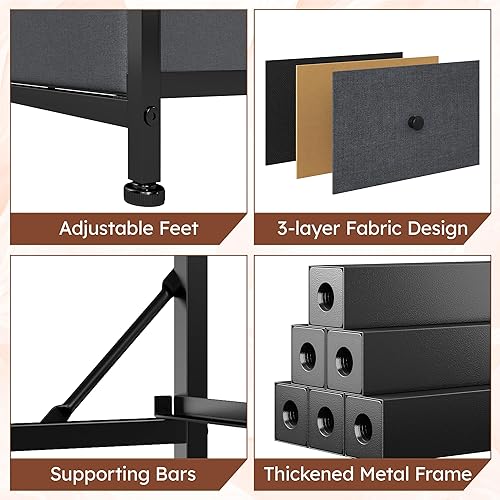 Miniatura 6 de Cómoda alta para dormitorio con 12 cajones, cómoda de tela y cómoda con marco de metal resistente, parte superior de madera, armario