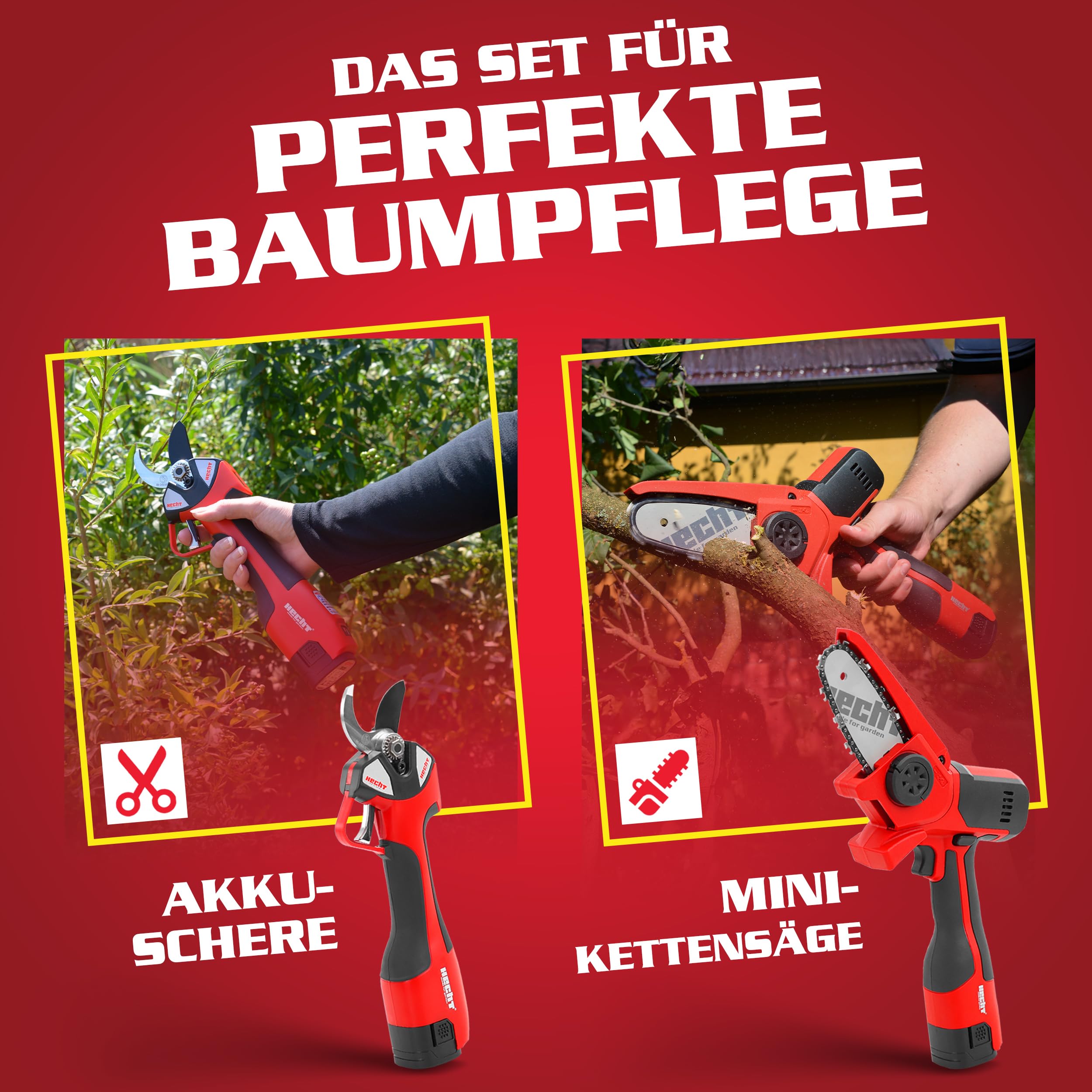 HECHT Akku Astschere 32 mm und Mini Kettensäge 14 cm 2 Akkus