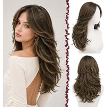 Brown Wigs for Women with Highlight Layered Wig with Curtain Bangs