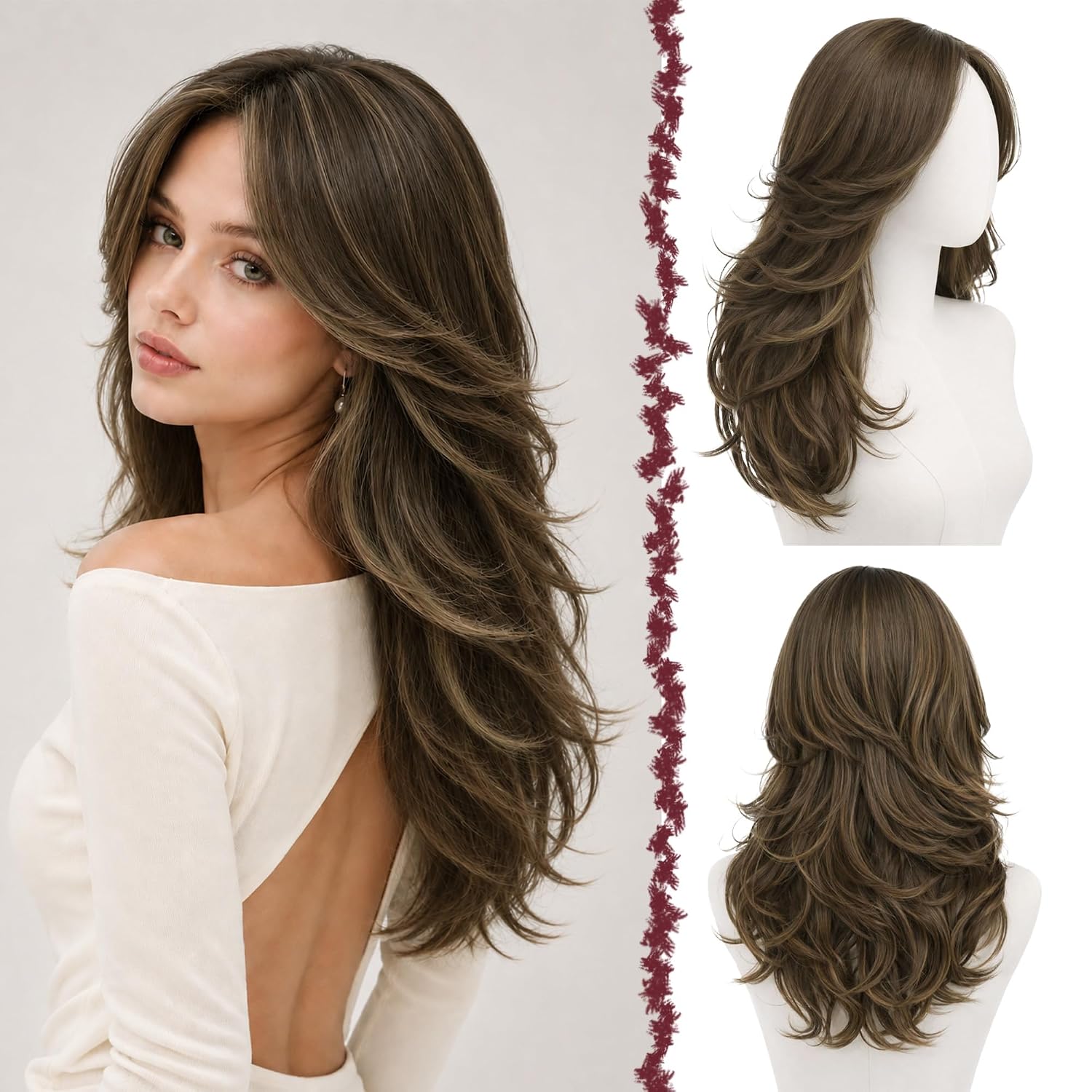 Dirty Blonde Layered Wig with Bangs, Long Wavy Synthetic Wig with Curtain Bangs(Can Be Trimmed) Natural Looking Fluffy Feathered Layers for Women 22 Inch for Daily Party Wear