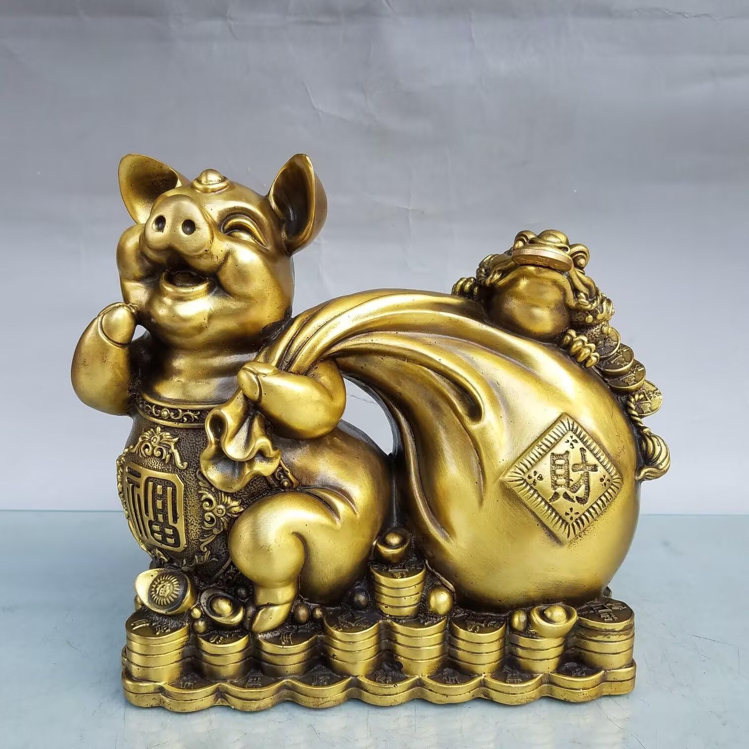 Dytartzx Pure Copper Pig Statue, Handcrafted Home Decoration, Zhu Bajie Ornament, Good Luck and Wealth