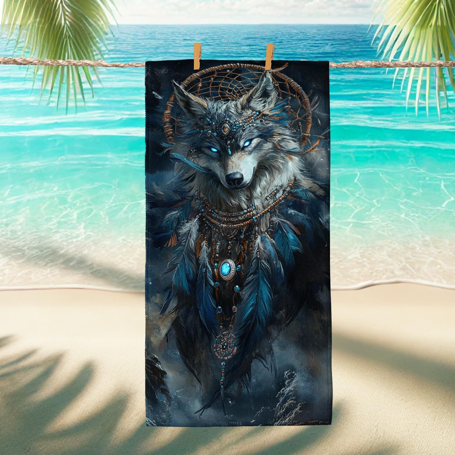 Mystical Wolf Microfiber Beach Towel Blue Fantasy Art Sand Free Quick Dry Absorbent Oversized Lightweight Beach Blanket, Outdoor Travel Essentials 70x35 Inch
