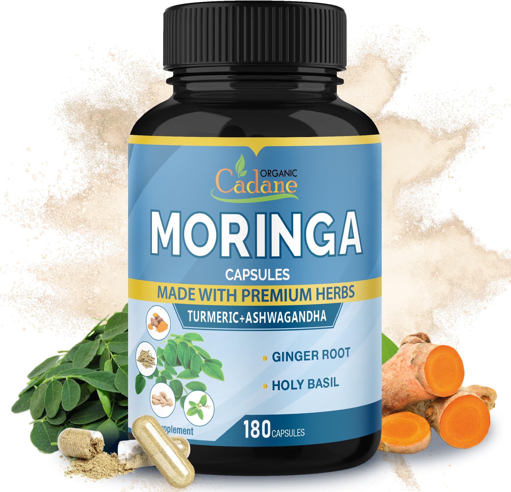 Cadane Moringa Extract Capsules, 6 Months Supply with Ashwagandha Root, Tulsi, Ginger, Turmeric - 180 Capsules