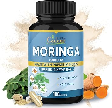 Cadane Moringa Extract Capsules, 6 Months Supply with Ashwagandha Root, Tulsi, Ginger, Turmeric - 180 Capsules