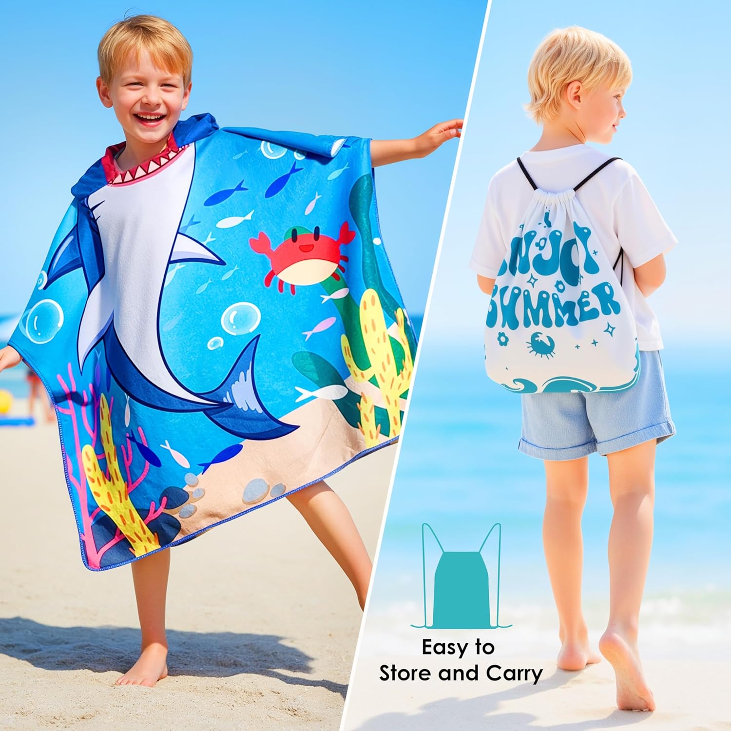 Shark Hooded Towels for Kids, with Backpack, Kids Beach Towel 30"x 25" for 3-10 Years, Shark Gifts for Boys Girls, Toddler Swim Cover Up & Bath Robe for Beach Pool, Soft Microfiber - Image 4