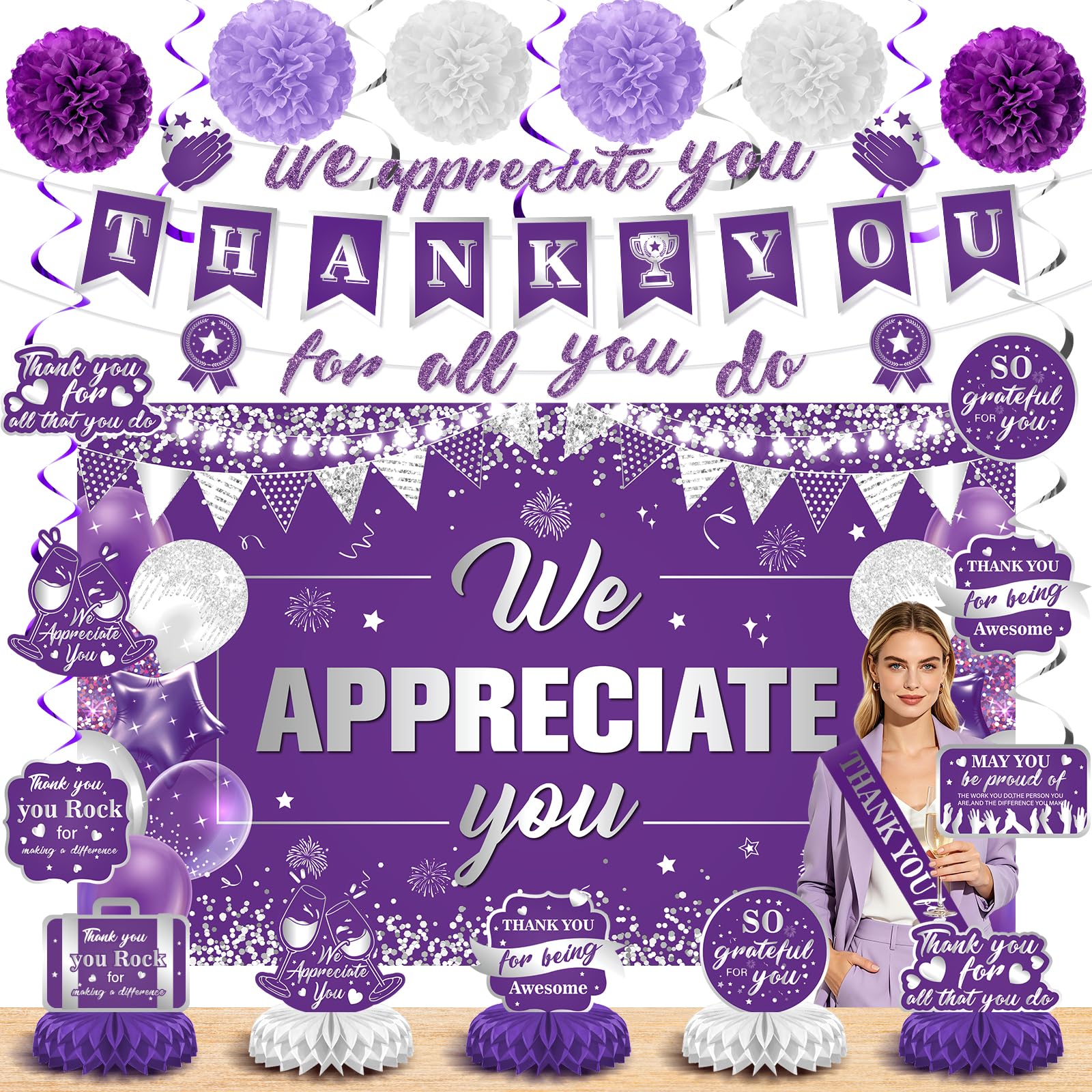 Purple Silver We Appreciate You Decoration for Women Employee Teacher Decor
