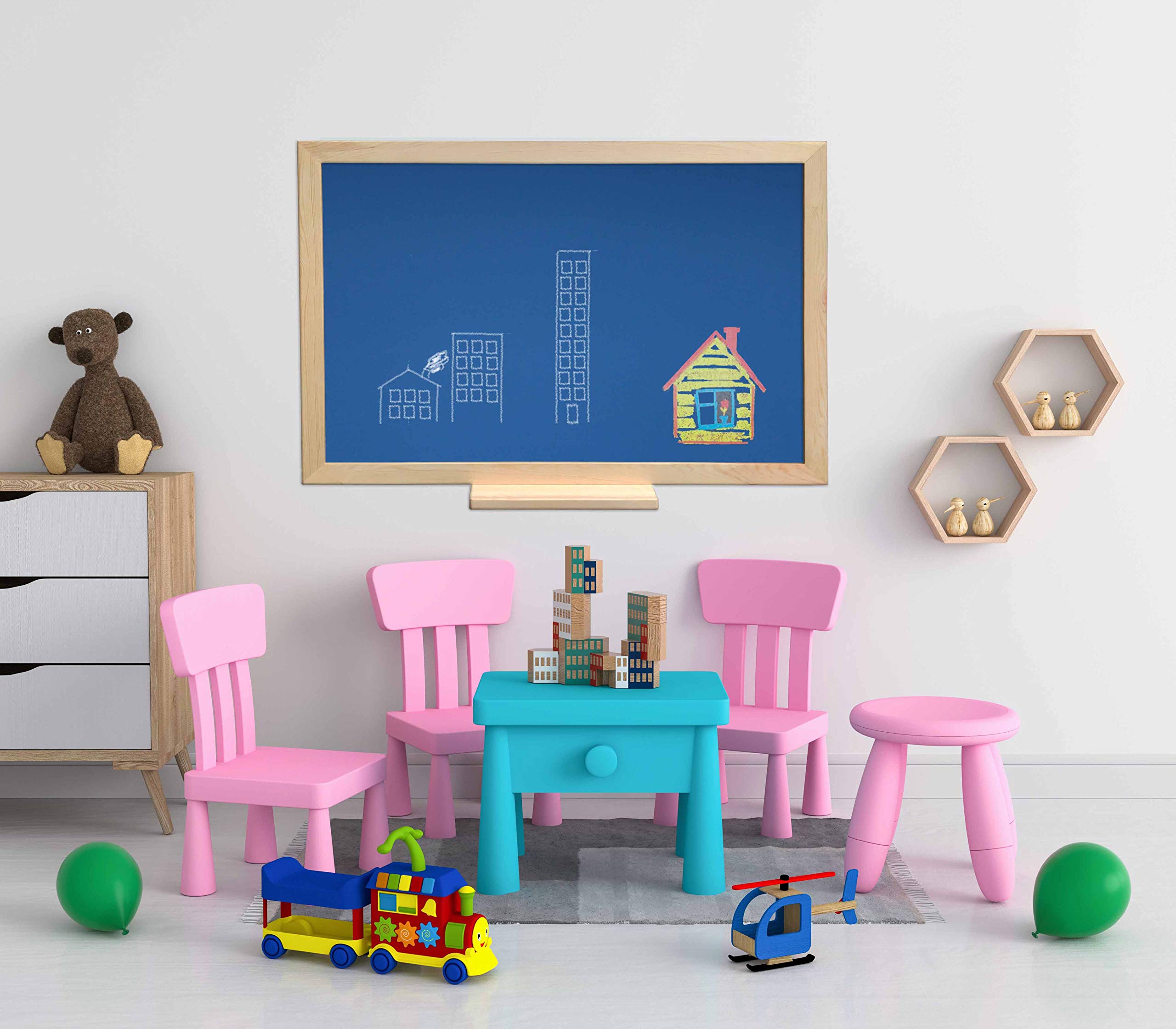 Pizarra infantil marco madera natural de pino con amplia bandeja. Azul para tizas y rotuladores efecto tiza. Ideal para la decoración en habitación de niños, hogar, casa, cocinas (150 x 100 Cm)