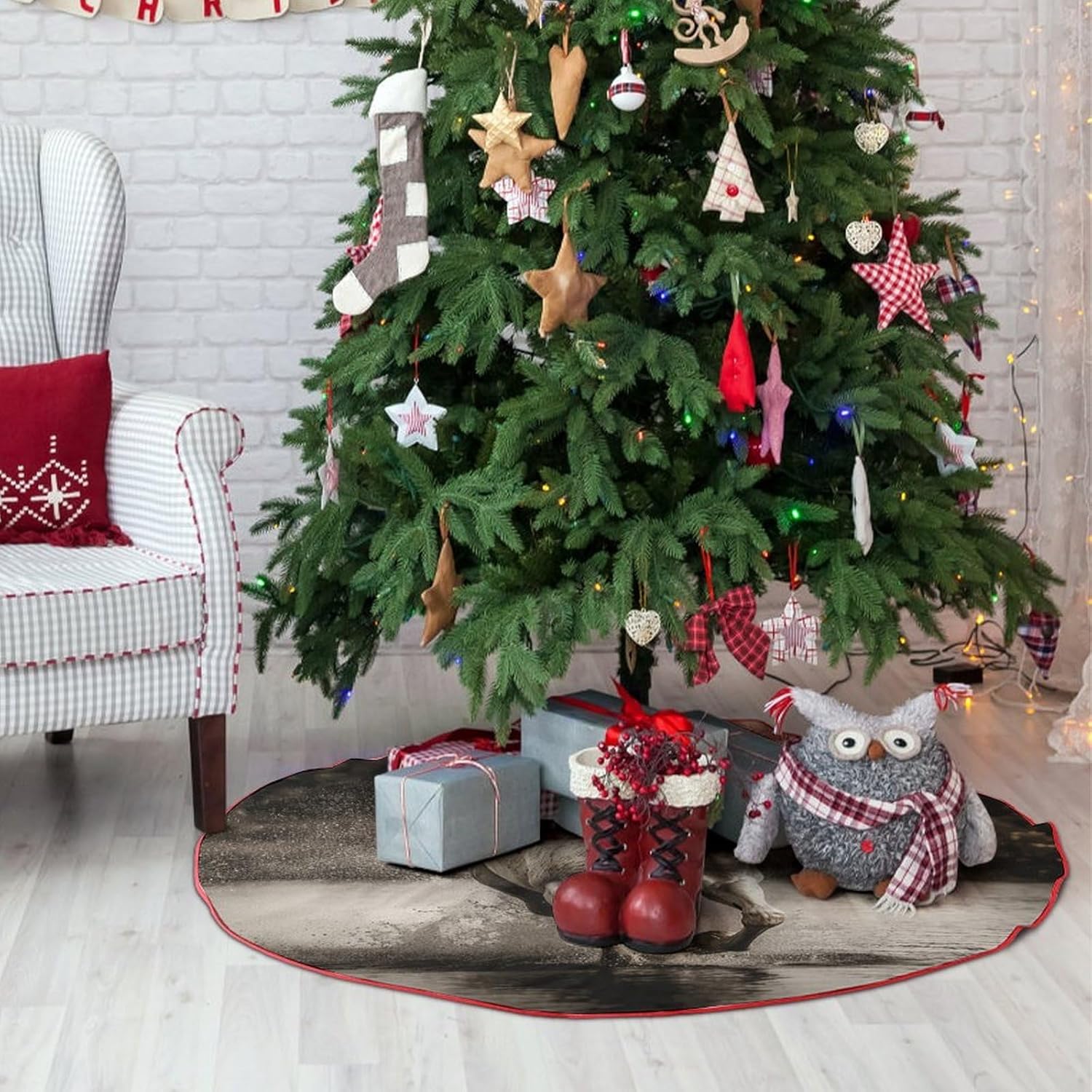 Christmas Tree Skirt,for Xmas Tree Holiday Party Decorations Horse Running by The Water Printed Christmas Tree Mat Red Lace-up Christmas Tree Dress