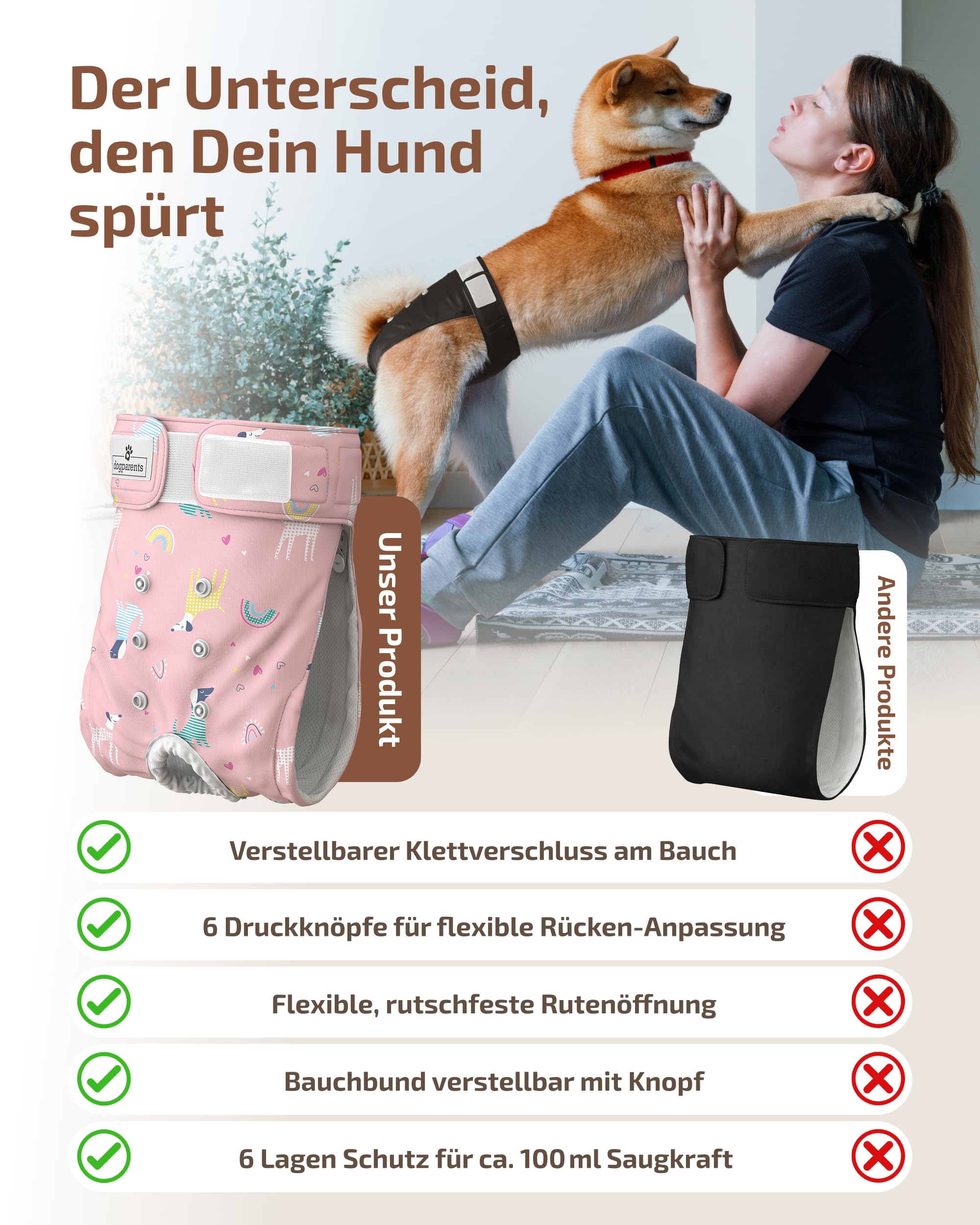 Hundewindeln für Hündinnen, Rüden & Katzen [3 Windeln für Hunde 4-lagiger Kern] Waschbare Läufigkeitshose für Hündinnen [Hundehöschen Läufigkeit & Inkontinenz] (Rosa | Pink | Beige, M, 3, stück)