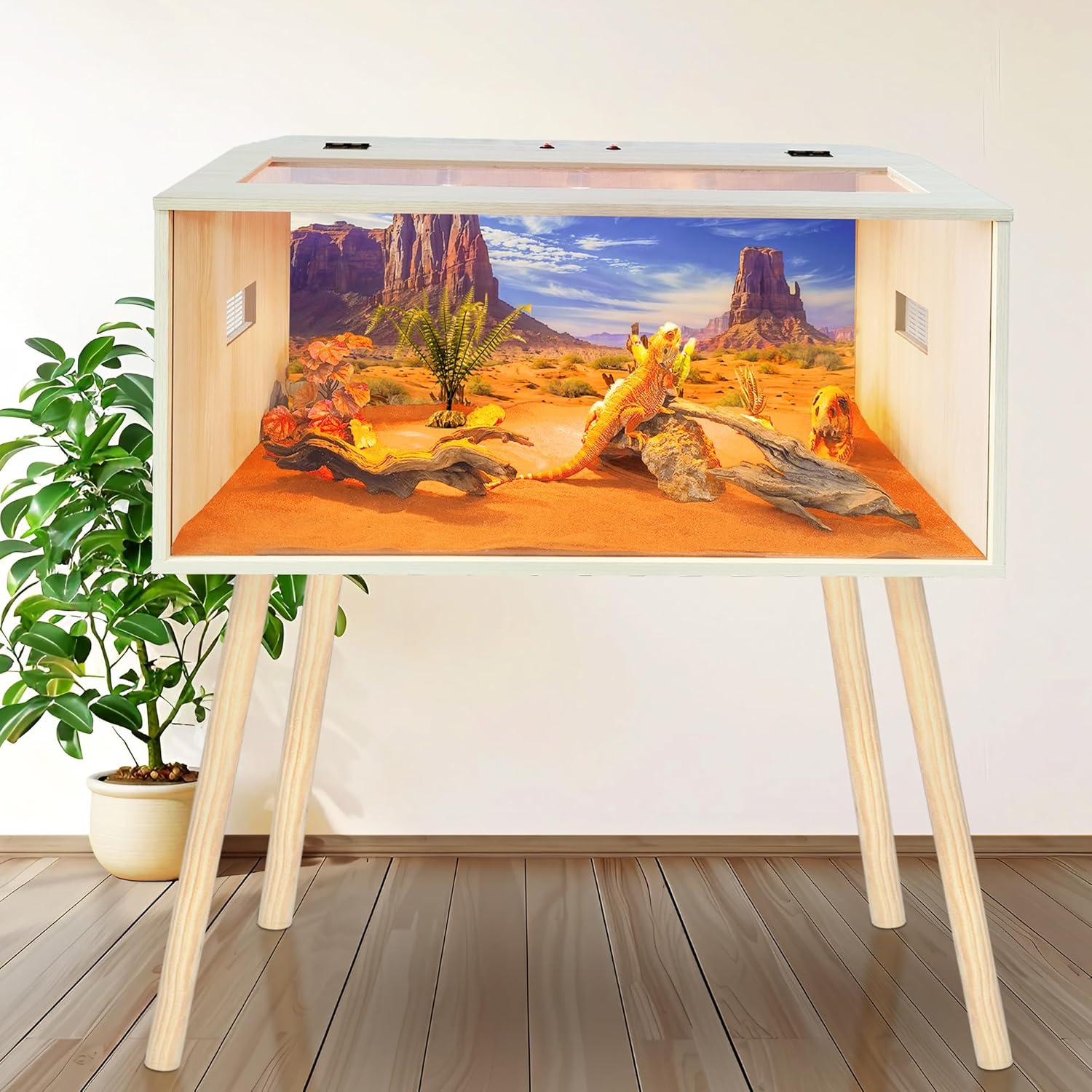 Prolee 36 Gallon Reptile Tank, Tempered Glass Bearded Dragon Tank with Wooden Roof and Lockable Doors, Large Lizard Habitat with Built-in Lamp Fixture for Snakes, Iguanas, Chameleons (Oak)