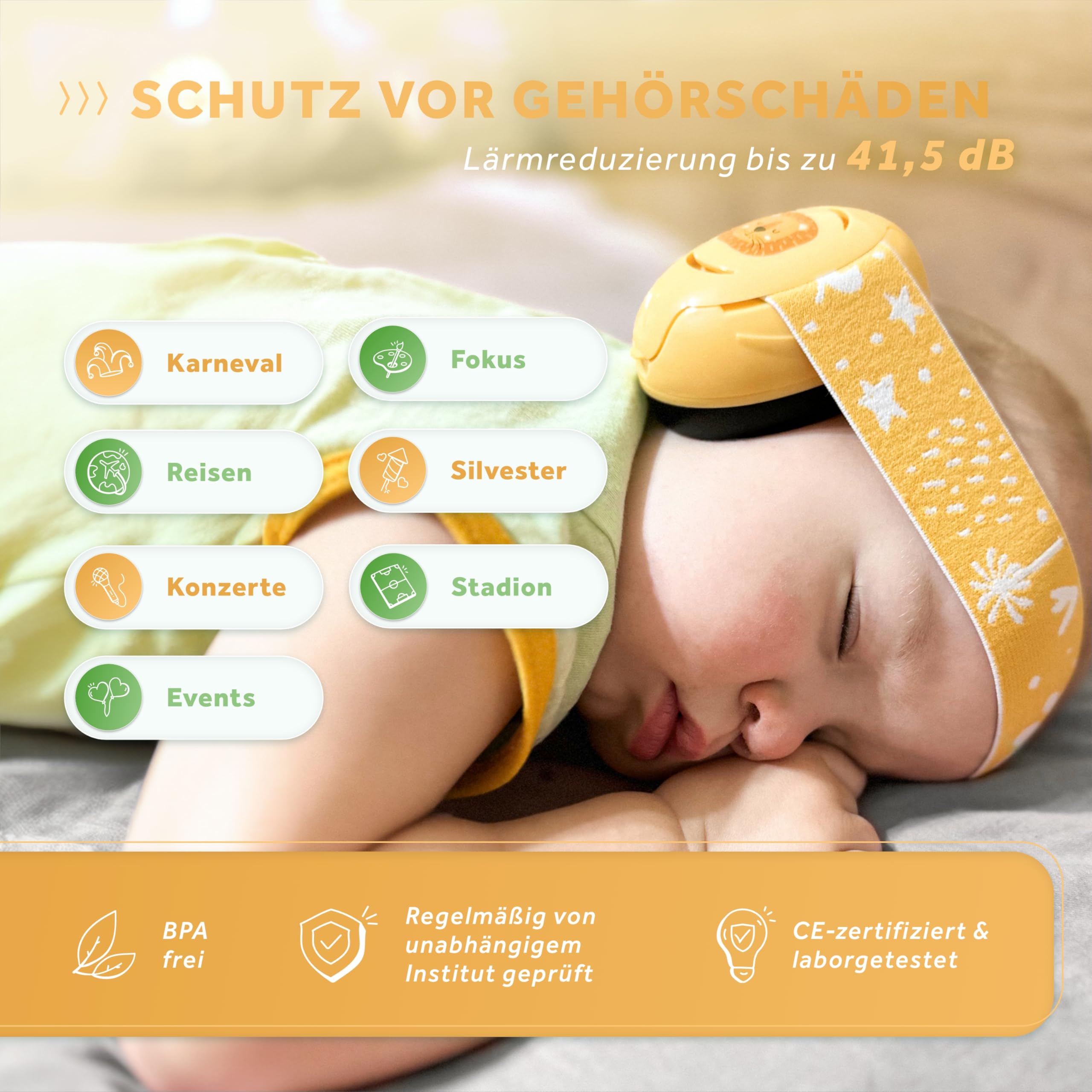 Schallwerk ® Mini+ (Lion Honey) - Ohrenschützer für Kleinkinder - Hochwertige Lärmschutz Kopfhörer Kinder - Gehörschutz Kinder, Gehörschutz Baby, Ohrenschützer Baby Kopfhörer Lärmschutz