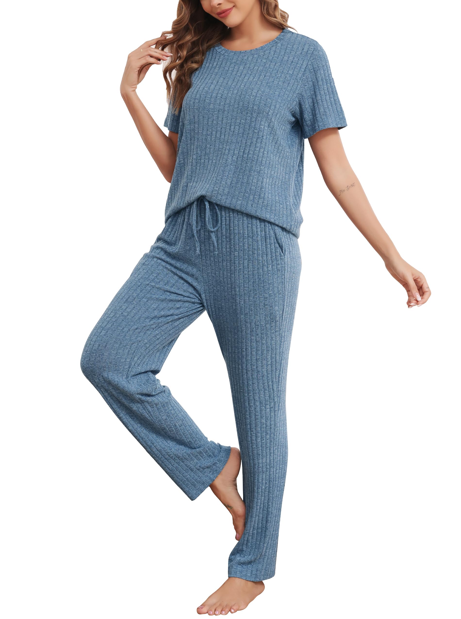 Wikoan Damen Schlafanzug Zweiteiliger Pyjama Rippenstrick Schlafanzüge für Damen Nachtwäsche Kurzarm Pyjama Oberteil und Lang Pyjamahose S-XXL