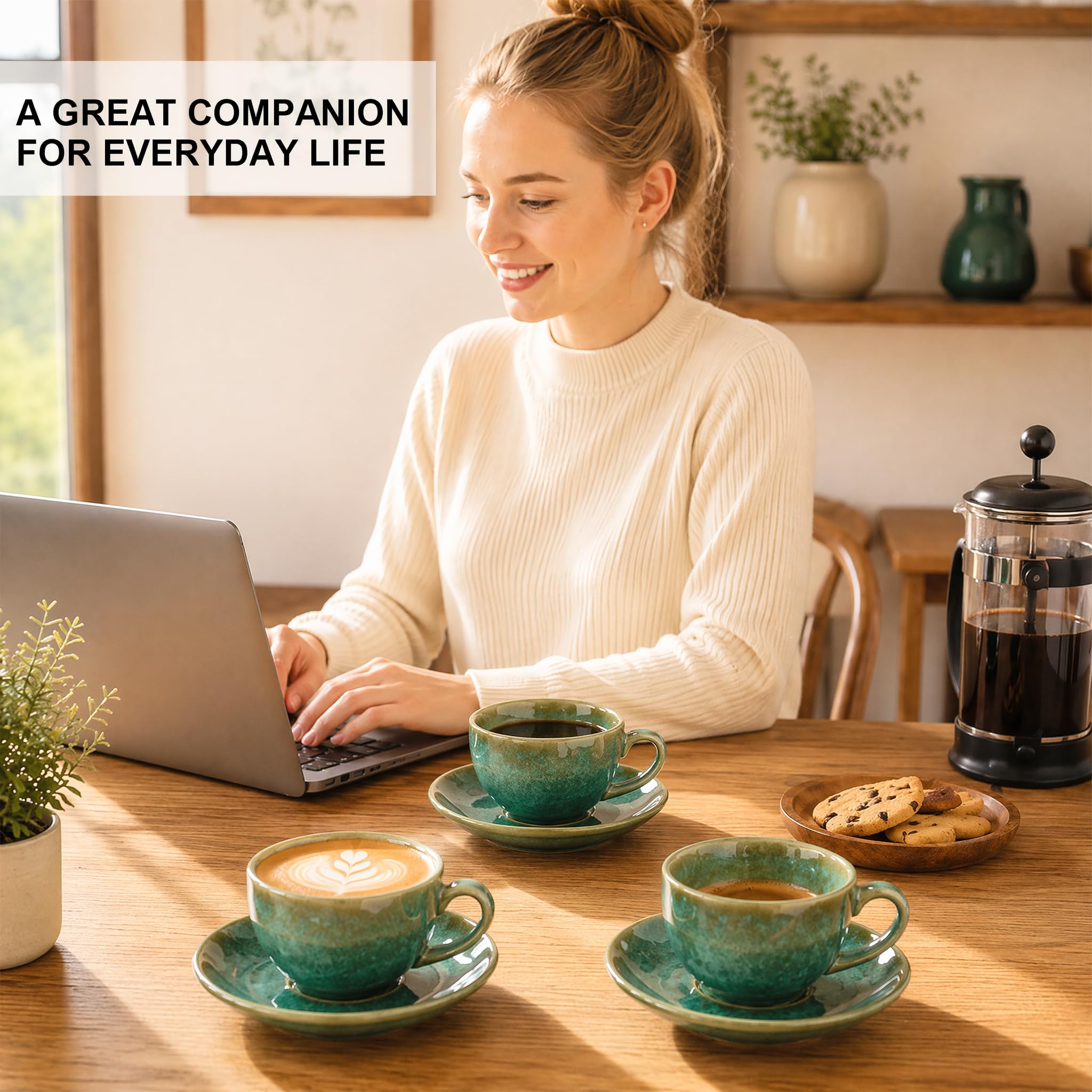 4 Espressotassen Set Keramik Hochwertig Espresso Tassen Set mit Untertassen 90 ml Kaffeetassen Set 4er Esspresotasen Spülmaschinenfest Mikrowellenfest(Jadegrün)