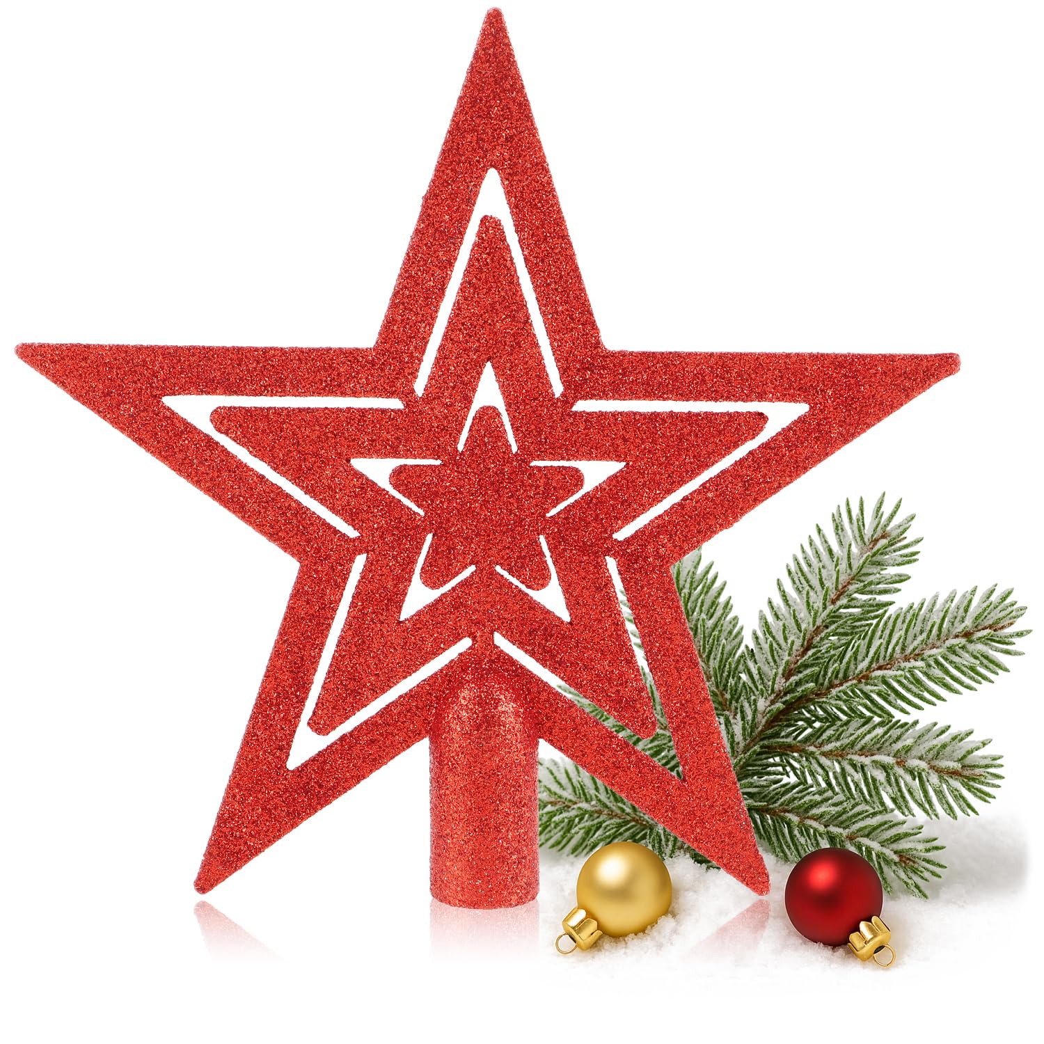 3 Punte Per Albero Di Natale A Stella Glitterata – Oro, Argento, Rosso, Misure 15 E 20 Cm