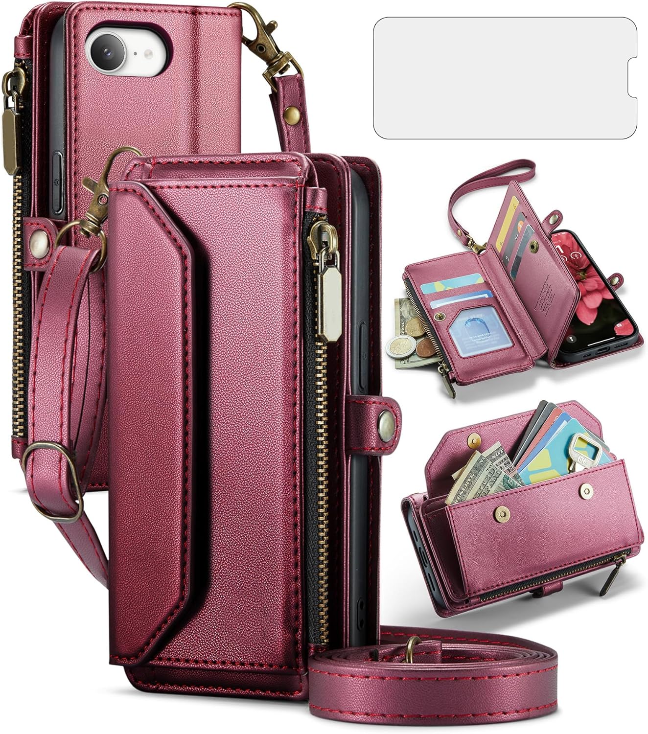 Phone Case for iPhone 16e/SE 2025/SE 4 Zipper Wallet Cover with Tempered Glass Screen Protector and Flip RFID Blocking Card Holder Cell i Phone16e i16e 16 e SE4 4th Generation 16eCase Women Wine Red