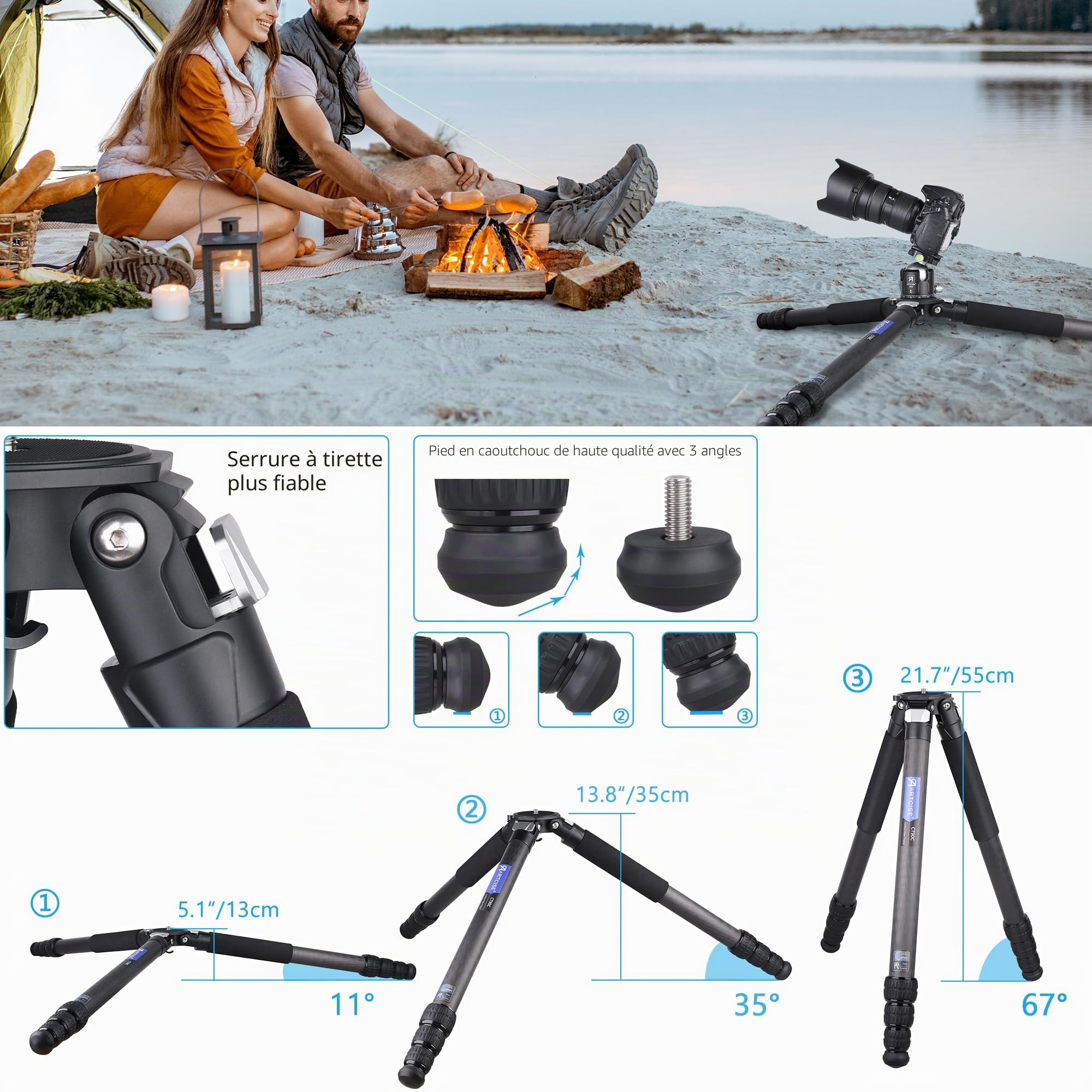 Trépied Compact en Fibre de Carbone avec Sac en Pierre ARTCISE CT90C Support d'appareil Photo de Voyage Robuste pour Canon Sony Nikon DSLR Caméscope, Charge maximale 40 kg