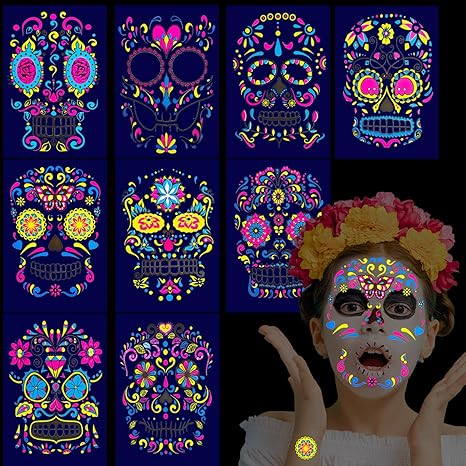 Day of The Dead Face Temporary Tattoos,9 Sheets Glow UV Neon Sugar Skull Skeleton Fake Tattoos for Día de Los Muertos Makeup Masquerade Cosplay Halloween Party Supplies
