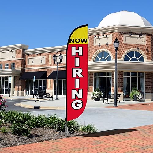 Miniatura 5 de LookOurWay Conjunto de bandera de plumas, bandera publicitaria de 12 pies con postes y pico de tierra para promoción de negocios, ahora contratando