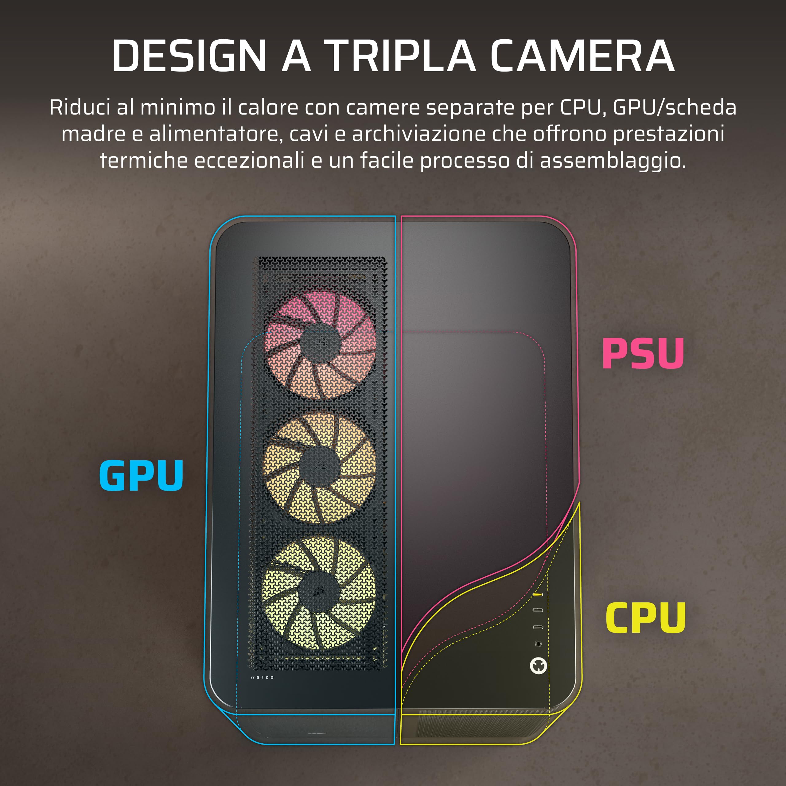 CORSAIR AIR 5400 LX-R RGB iCUE LINK Case PC Panoramico Mid-Tower – Nero | A Tripla Camera, 3 Ventole LX-R RGB Rotazione Inversa, Condotti Silenziosi ad Alto Flusso, Supporto Scheda Madre Inverso