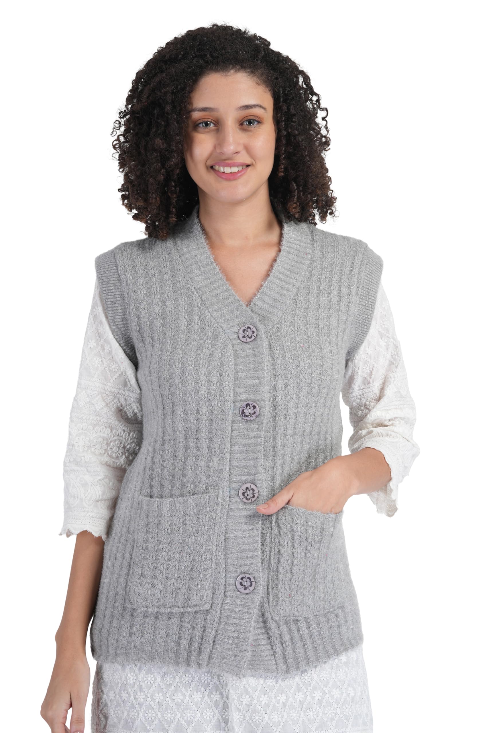 manra Women's Woolen V-Neck Buttoned Sleeveless Cardigan Self Design Soft Wool Fabric Winter Wear Pure Wool Sweater Cotty Fully Warm with Front Pockets Sweater-picture-19