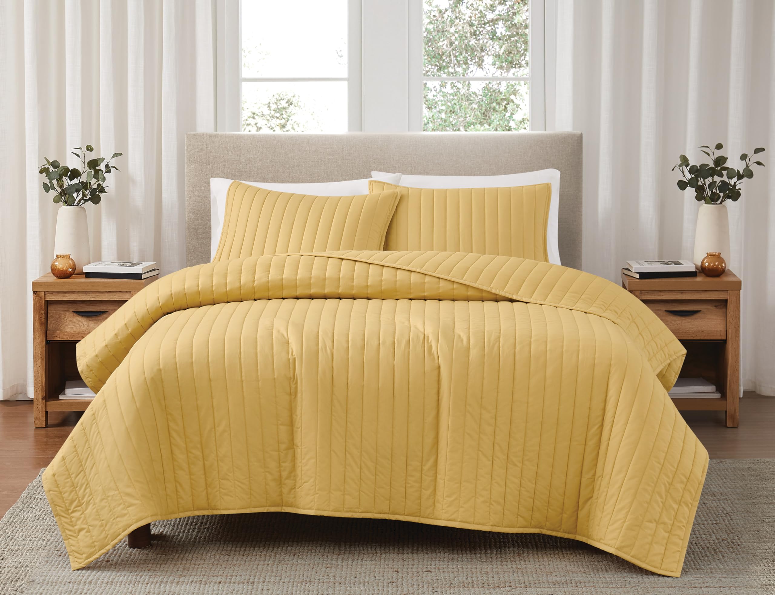 brooklyn loom solid cotton percale mustard yellow twin/twin xl 2 piece quilt set, solid color themed, oeko-tex certified confidence