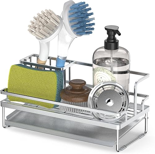 Organizador para fregadero de cocina, soporte de esponja mejorado para fregadero de cocina con soporte superior para paños de cocina, organizador de