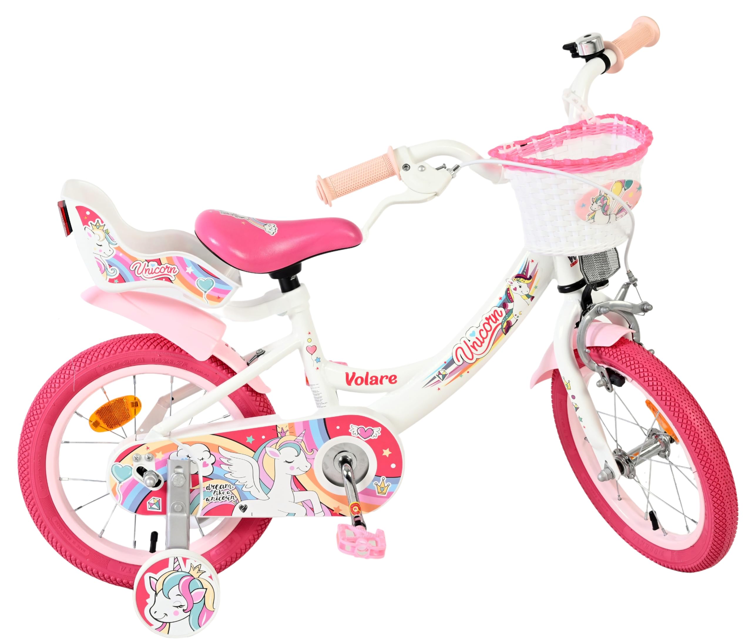 Volare Einhorn Kinderfahrrad Wit | 3,5–5 Jahre | 14-Zoll-Räder | 2 Handbremsen | Stützräder | Verstellbarer Sattel | Puppensitz Achter & Korb voor | Geschenk voor meisjes
