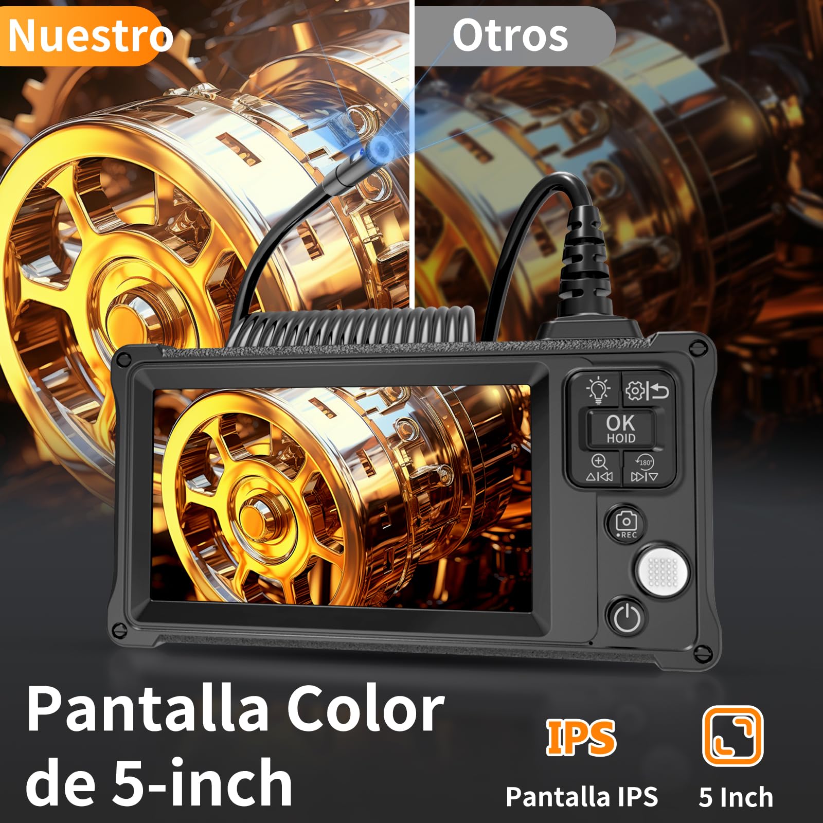 Camara Endoscopica Doble Lente con Pantalla y Luz, Ennovor 1920P HD Camara Inspeccion Tuberias, 5" Pantalla IPS y 8 Leds Ajustables, No App No WiFi Endoscopio Cable Semi-Rígido (16,5 FT/5M)