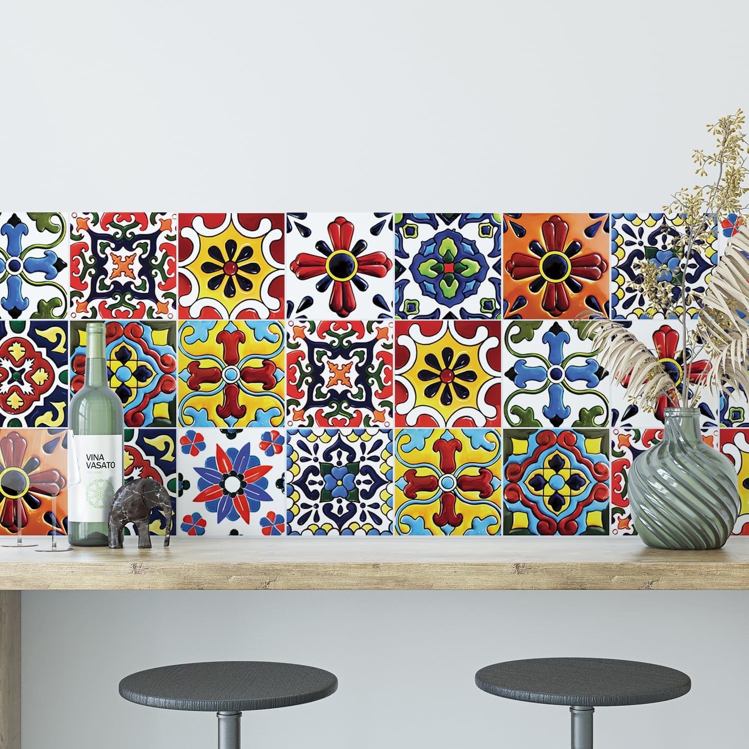 Boho Talavera Peel and Stick Tile Stickers - Easy DIY Backsplash for Kitchen Walls - Waterproof Vinyl Decals for Stairs & Bathroom Decor -30 Pcs 4x4 Inch