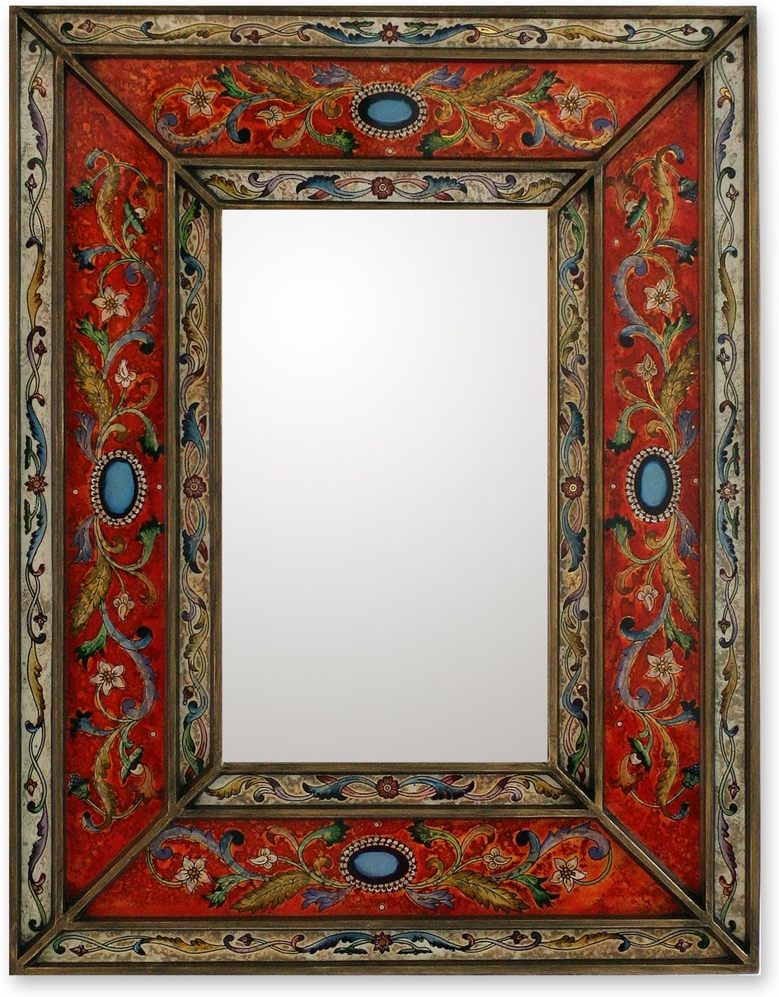 NOVICA Floral Glass and Wood Wall Mounted Mirror, Orange, Orange Cajamarca Warmth', Red