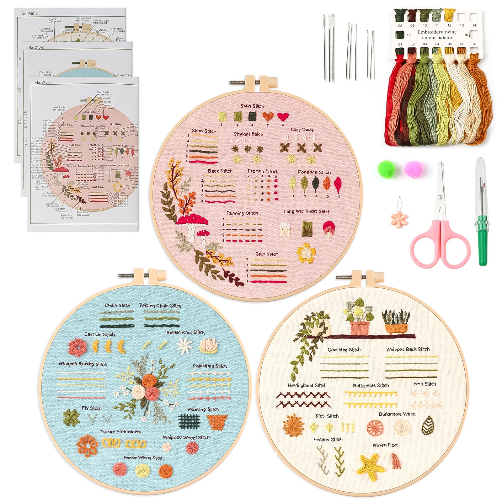 QEEYON Kit de Démarrage de Broderie, 3 Pcs Fils à Broder, 30 Points Différents, pour Adultes, Aiguilles de Fils de Couleur, Cerceaux