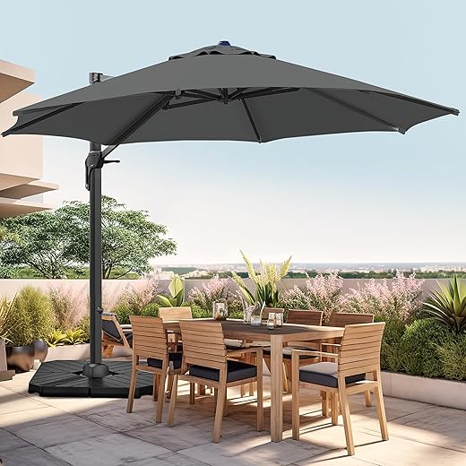 wikiwiki 12 FT Cantilever Patio Umbrellas Outdoor Large Offset Umbrella w/ 36 Month Fade Resistance Recycled Fabric, 6-Level 360°Rotation Aluminum Pole for Deck Pool Garden, Grey