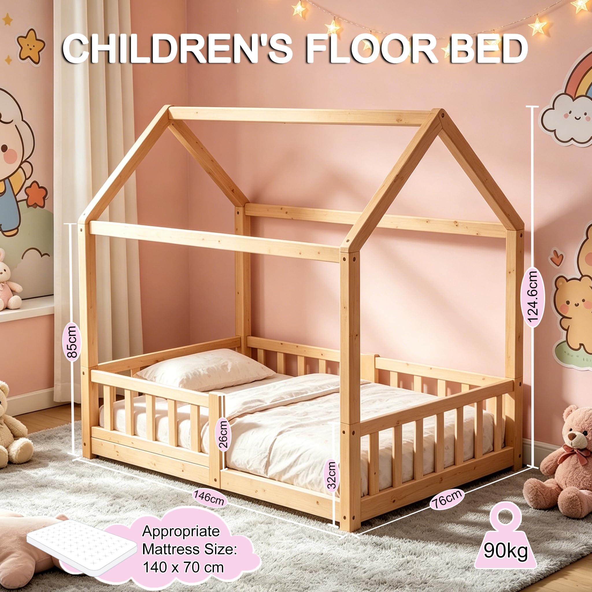 Bodenbett 70x140 cm Montessori Kinderbett mit Rausfallschutz & Lattenrost Kiefer Massivholz bis 100 kg belastbar für Jungen Mädchen Kinder Bett
