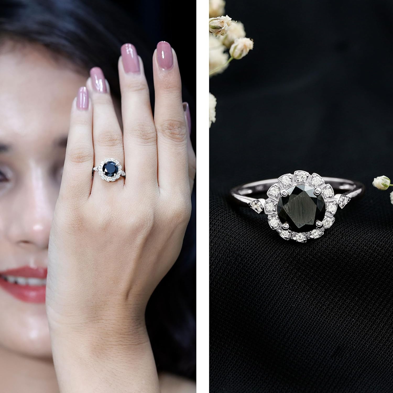 Certified 2 Carat Lab Grown Black Diamond Engagement Ring With Flower Halo, Aaaa Quality - Ready To Gift