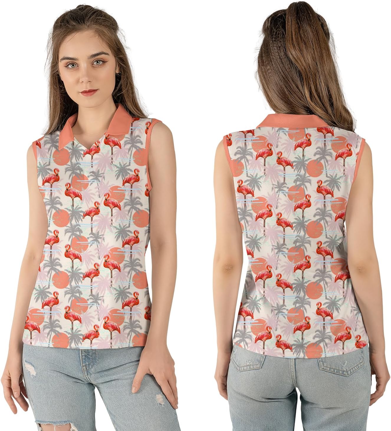 Flamingo Polo Shirts for Men Women, Tropical Flamingo Golf Shirts for Men, Funny Golf Polos for Men Women Summer Sports
