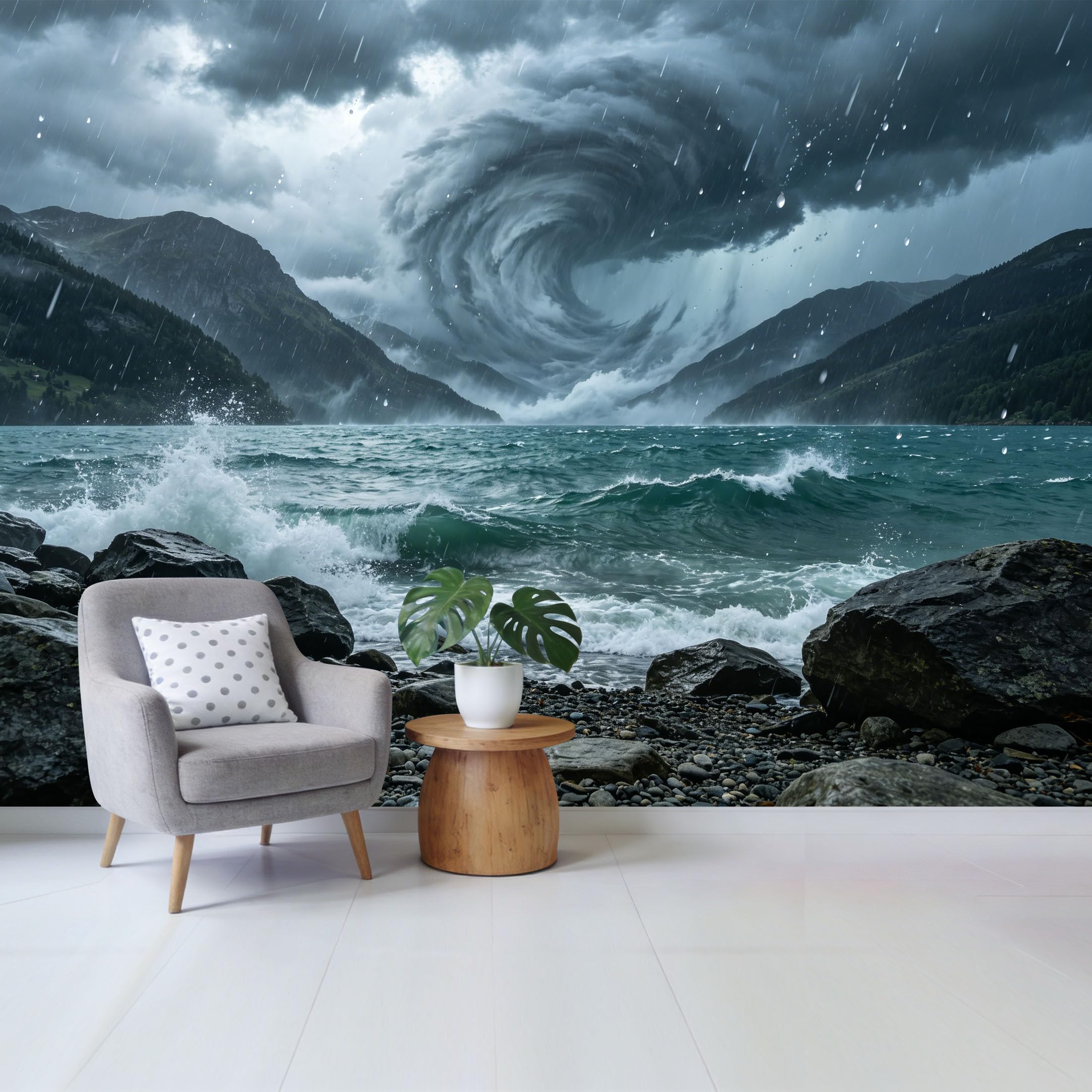 Custom Size Wall Mural Stormy Ocean Waves Mountain Landscape Dramatic Sky Water Scene Removable Self Adhesive Fabric Home Wall Decor for Living Room Bedroom Bathroom