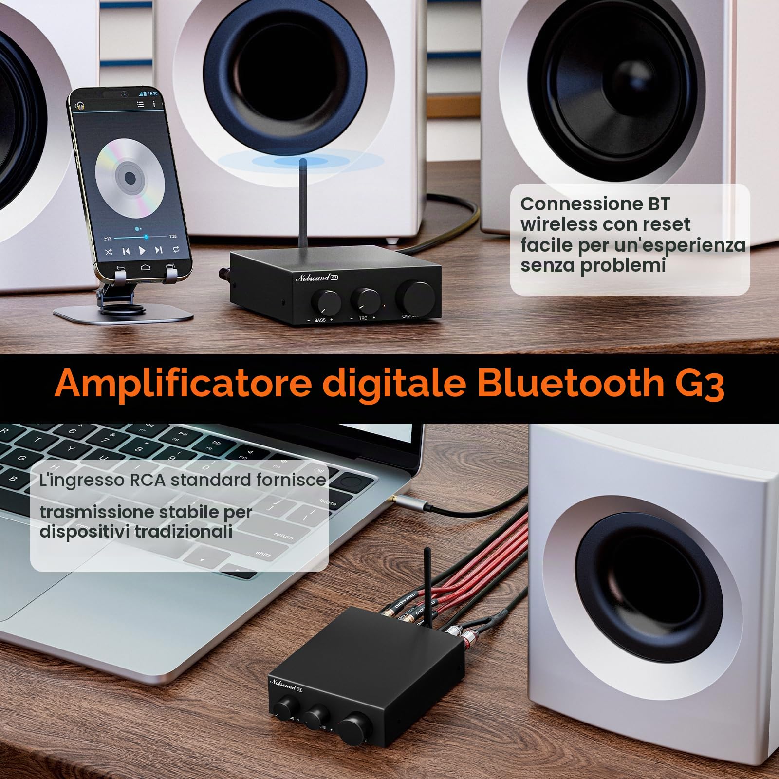 Nobsound Amplificatore stereo Bluetooth 5.0: Mini Audio 2.0 Canale Amplificatore integrato con regolatore di altezza dei bassi, per altoparlante domestico 50W x2 TPA3116